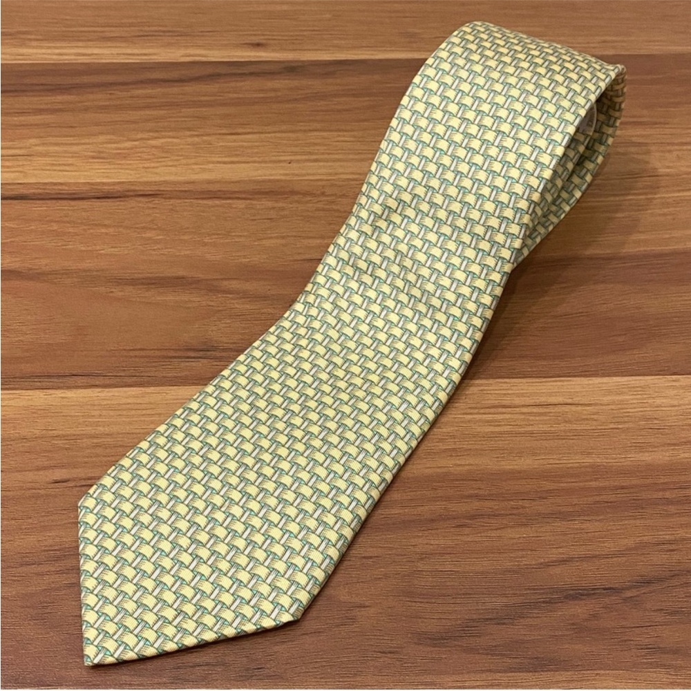 Hermes Woven Pattern Men's Tie in Gold and Teal - Picture 6 of 8